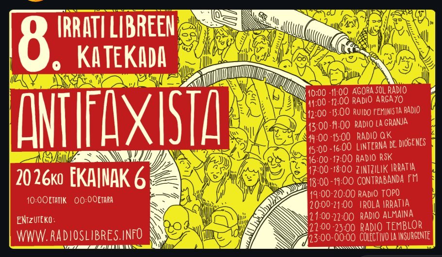 Iberiar penintsulako irrati libreen Kateatze Antifaxista datorren ekainak 6an /
Cadenazo Antifascista de radios libres de la Península Ibérica el próximo 6 de&nbsp;junio